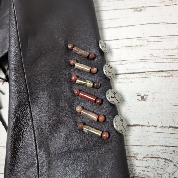 Vintage Red Clay People Black Leather Fringe and Bead Jacket Size Medium - Picture 2 of 9